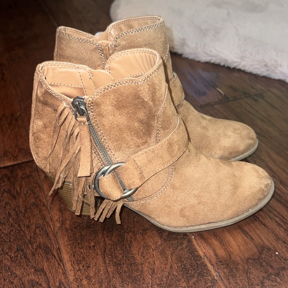 Índigo brown suede ankle boots chunky heel fringe & buckle side zip up size 7 - Picture 5 of 12
